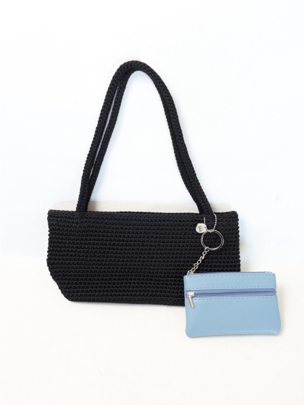The Sak Black Crochet Mini Zippered East West Tote with Powder Blue Coin Wallet
